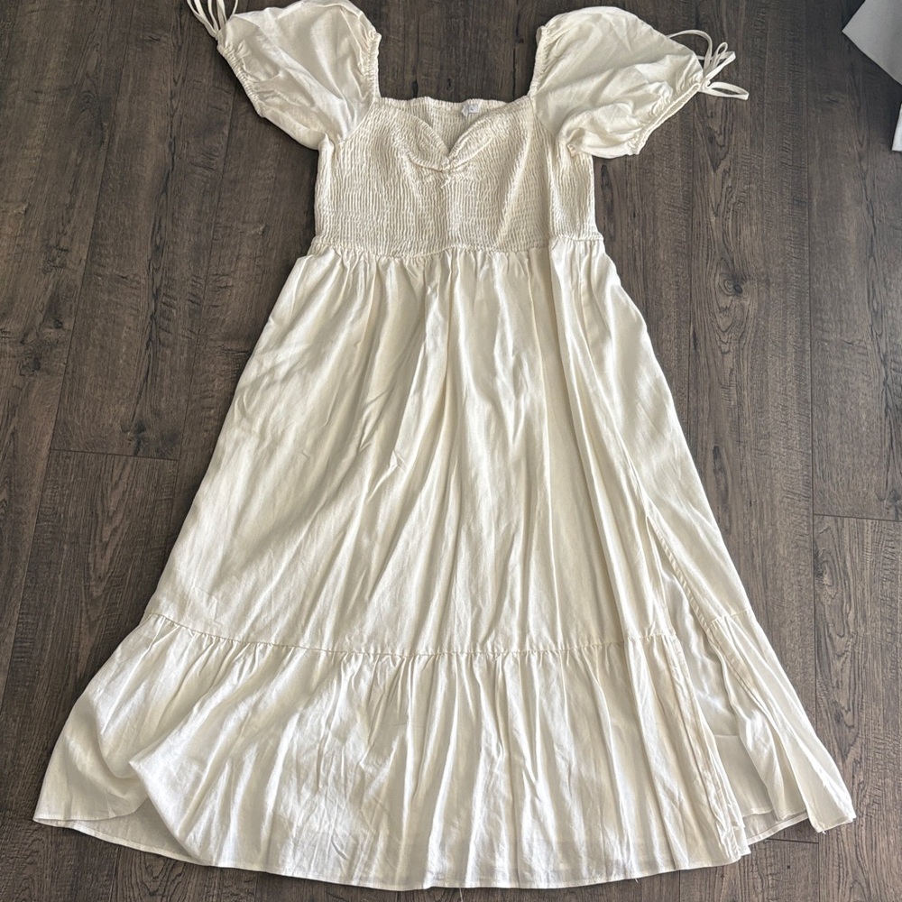 Cream Cotton Smocked Puff Sleeve Midi Dress